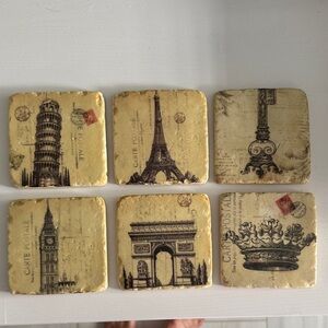 Vintage Carte Postale Cork Backed Stone Coasters (6)